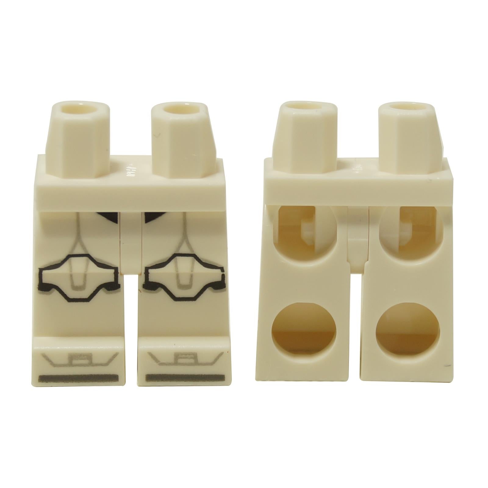 White Clone Trooper minifigure legs with gray armor markings and kneepad print, front and back view
