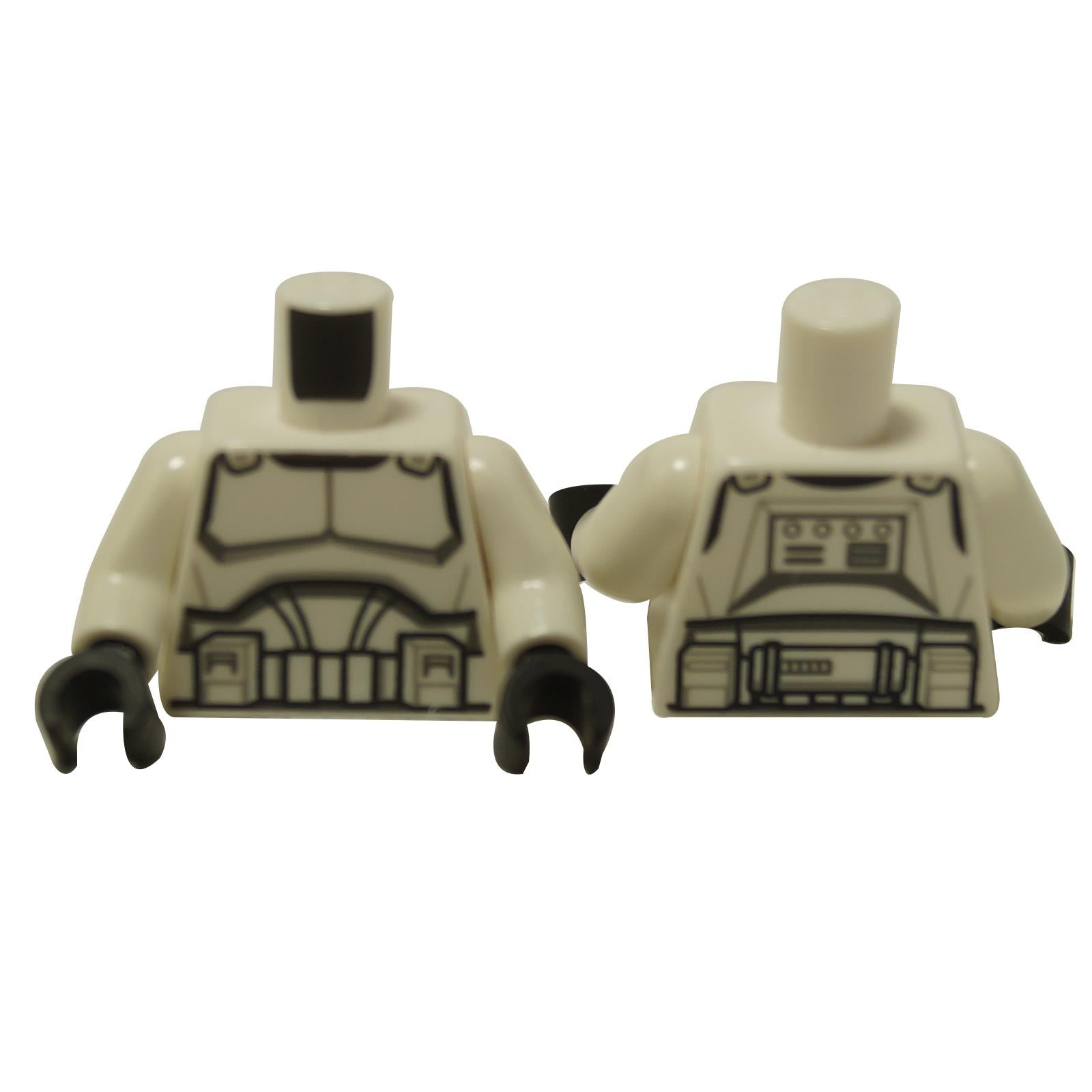 Torso de minifigura de Clone Trooper Blanco con marcas de armadura gris y estampado de cinturón de utilidad negro, vista frontal y trasera
