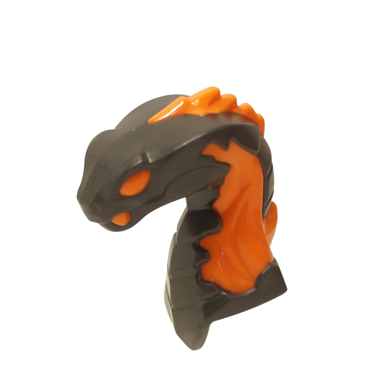LEGO minifigure head piece with a design resembling a cobra with molded orange eyes, fangs, and flame details on the hood.