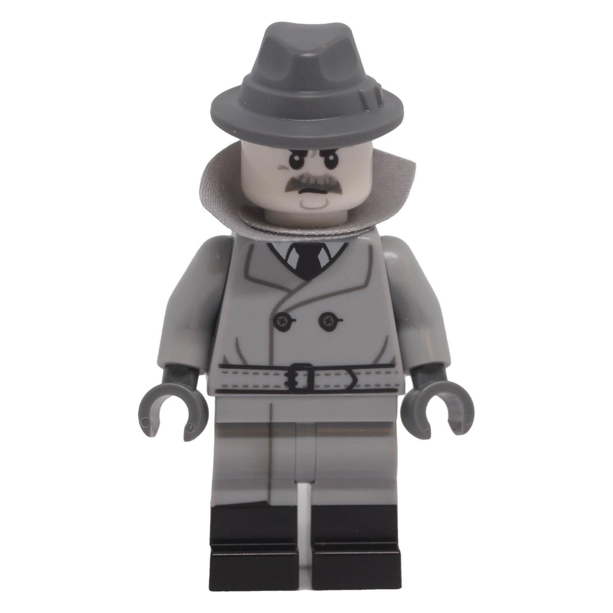 LEGO® Film Noir Detective minifigure col424 front view with grey suit, dark fedora and fabric collar