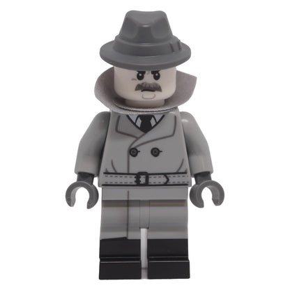 LEGO® Film Noir Detective minifigure col424 front view with grey suit, dark fedora and fabric collar
