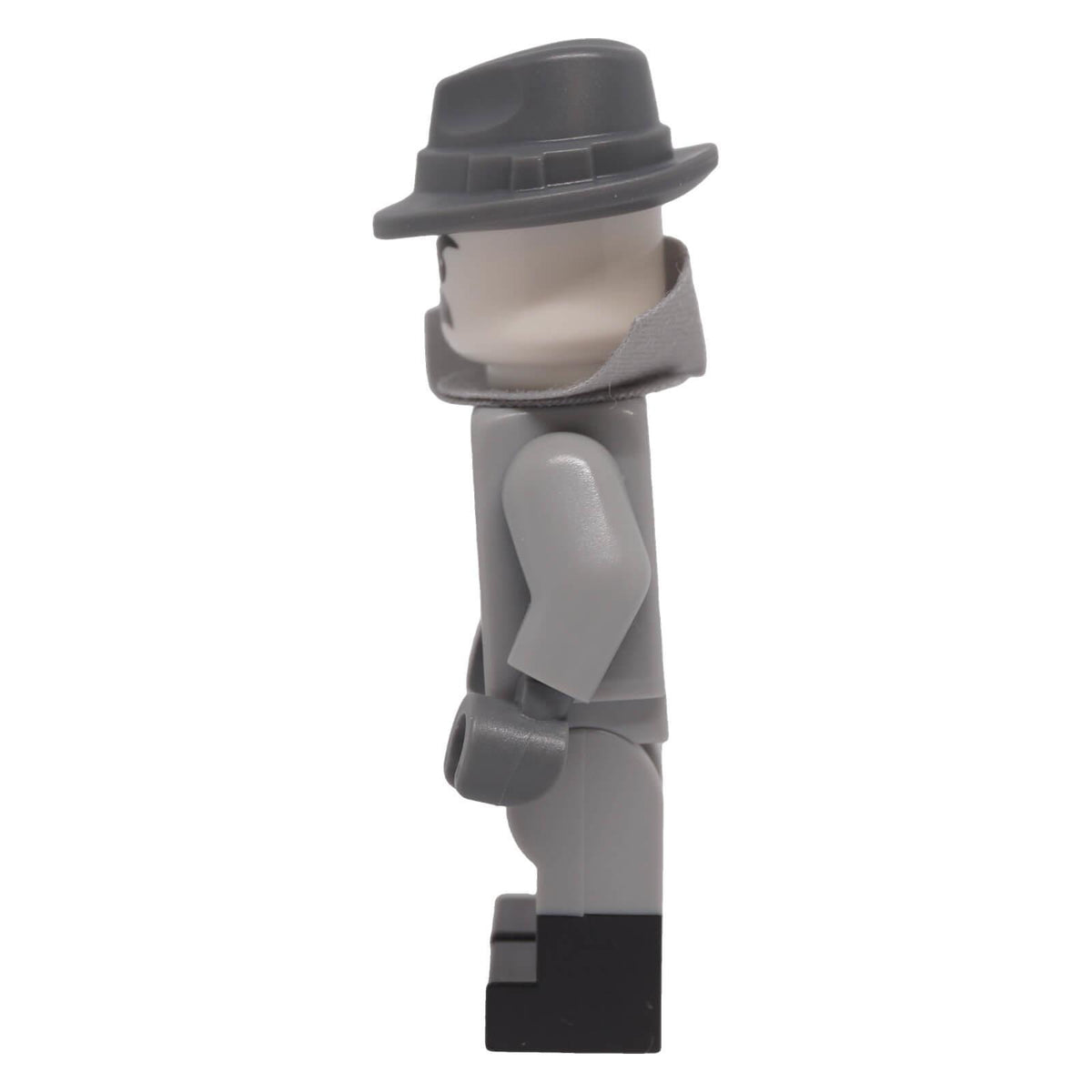 LEGO® Film Noir Detective minifigure col424 side view showing grey outfit, dark fedora and raised fabric collar