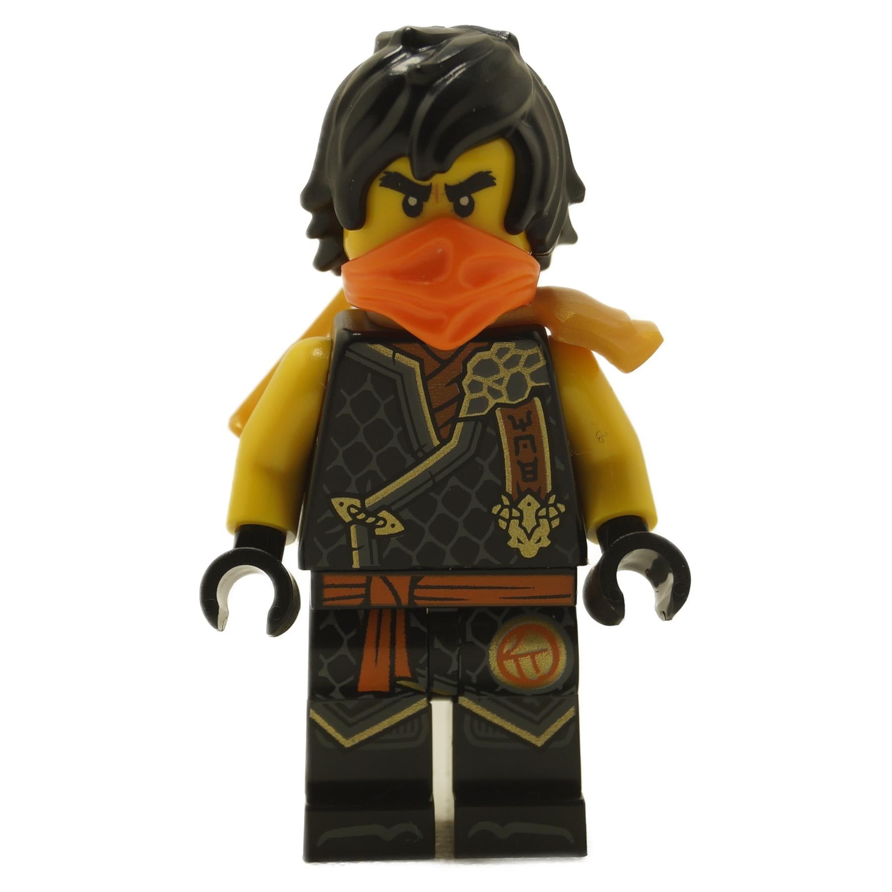 LEGO® Cole minifigure from NINJAGO Dragons Rising wearing black tournament armor with gold details and orange ninja mask, showing an intense angry expression with furrowed eyebrows
