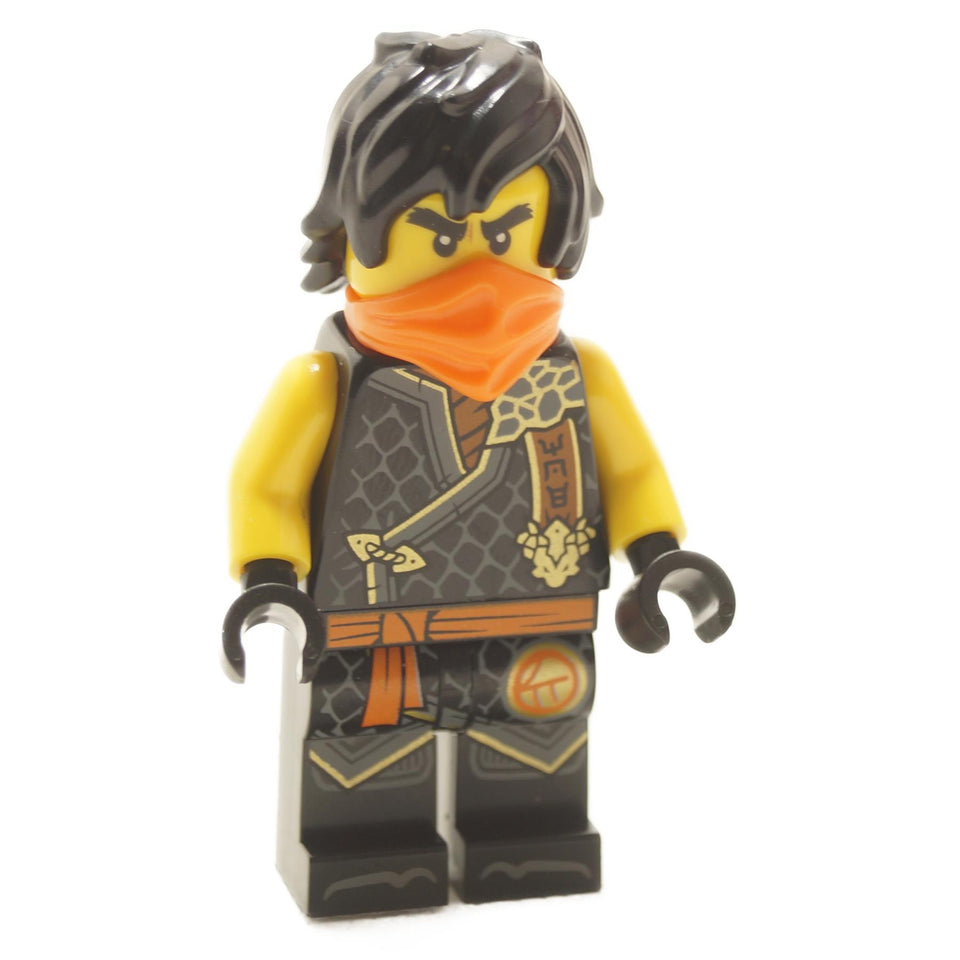 LEGO minifigure of Cole from NINJAGO in Tournament Armor with black and gold robes, and orange mask.