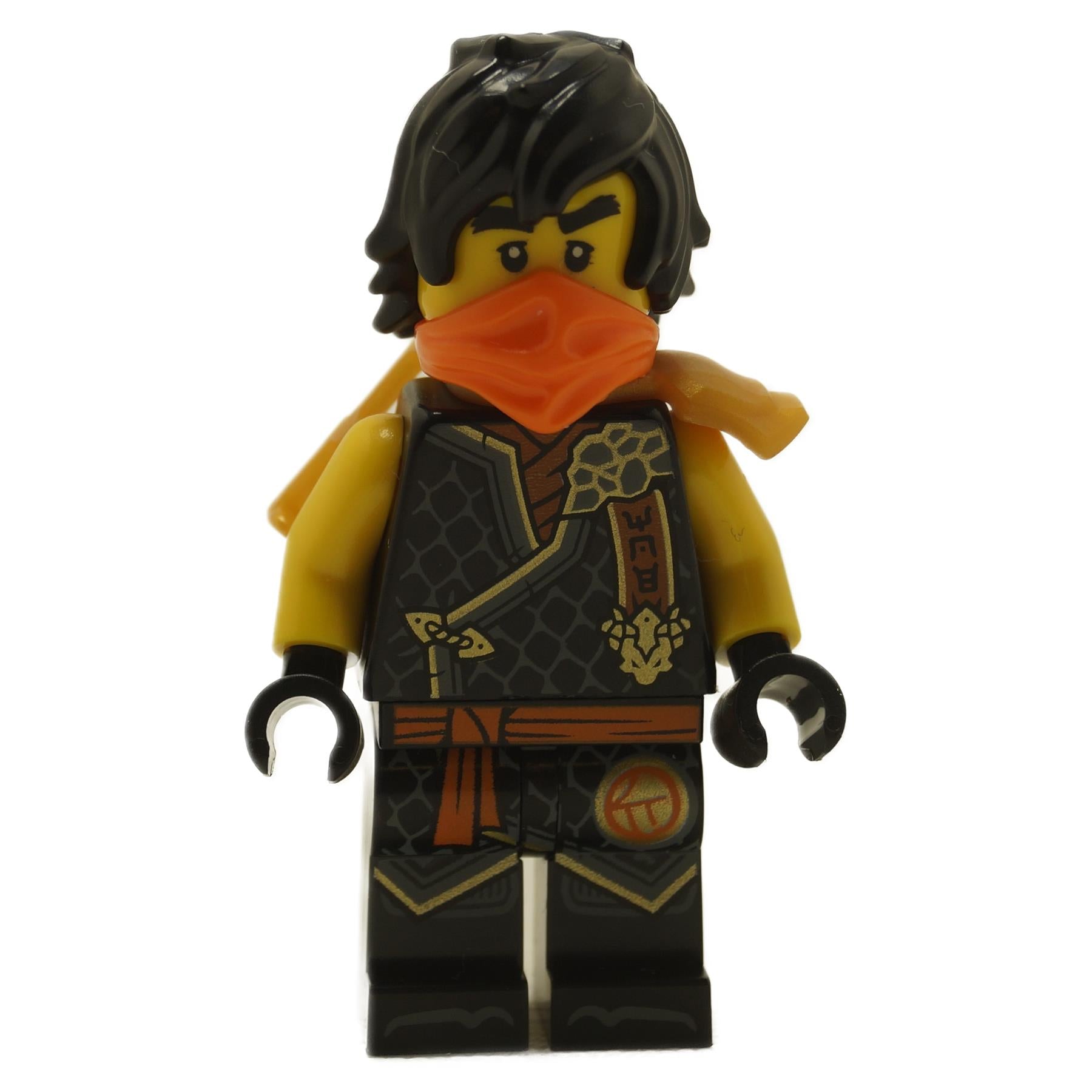 LEGO® Cole minifigure from NINJAGO Dragons Rising wearing black tournament armor with gold dragon emblem, orange mask, and shoulder scabbard accessory
