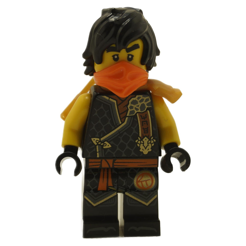 LEGO® Cole minifigure from NINJAGO Dragons Rising wearing black tournament armor with gold dragon emblem, orange mask, and shoulder scabbard accessory
