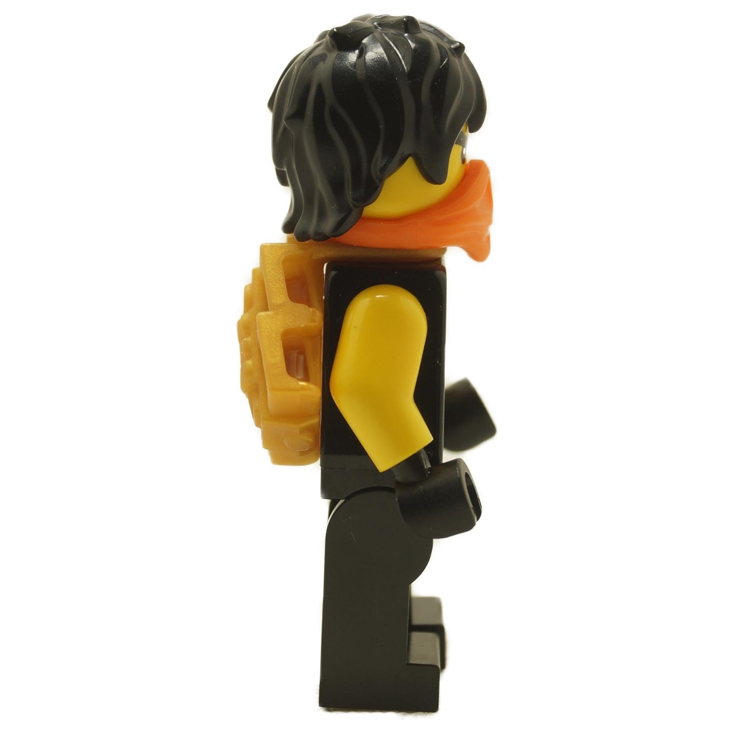 Side view of LEGO® Cole Dragons Rising minifigure showing orange ninja mask, black hair, and golden shoulder scabbard accessory attached to the back
