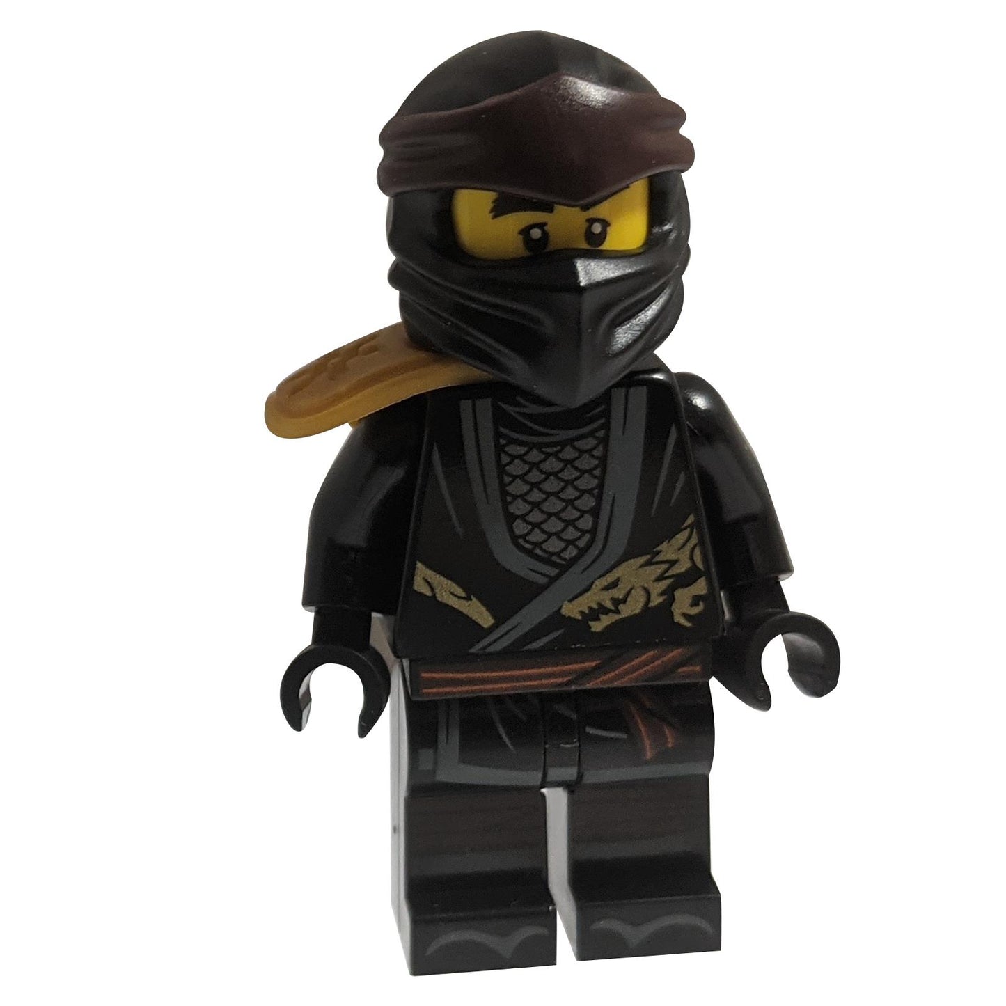 LEGO NINJAGO Cole - Legacy minifigure with black ninja suit, gold dragon print, pearl gold armor shoulder pad, and black head wrap.