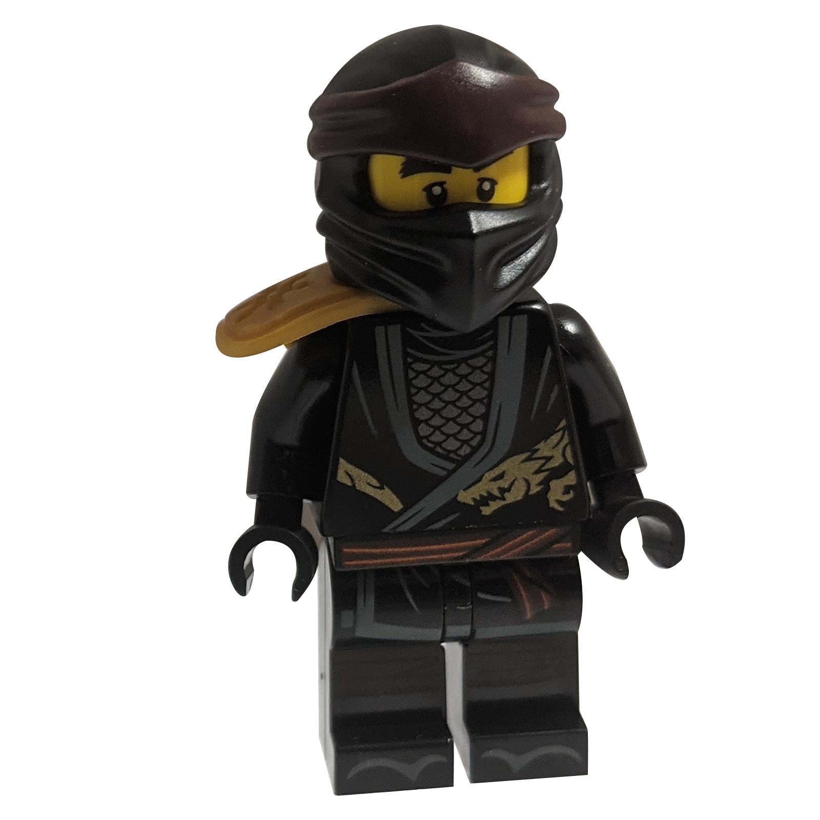LEGO NINJAGO Cole - Legacy minifigure with black ninja suit, gold dragon print, pearl gold armor shoulder pad, and black head wrap.