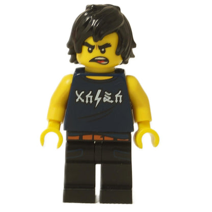 LEGO Cole minifigure (coltlnm08) from The LEGO Ninjago Movie in his casual dark blue sleeveless shirt with a silver graphic, black pants, and an angry expression.