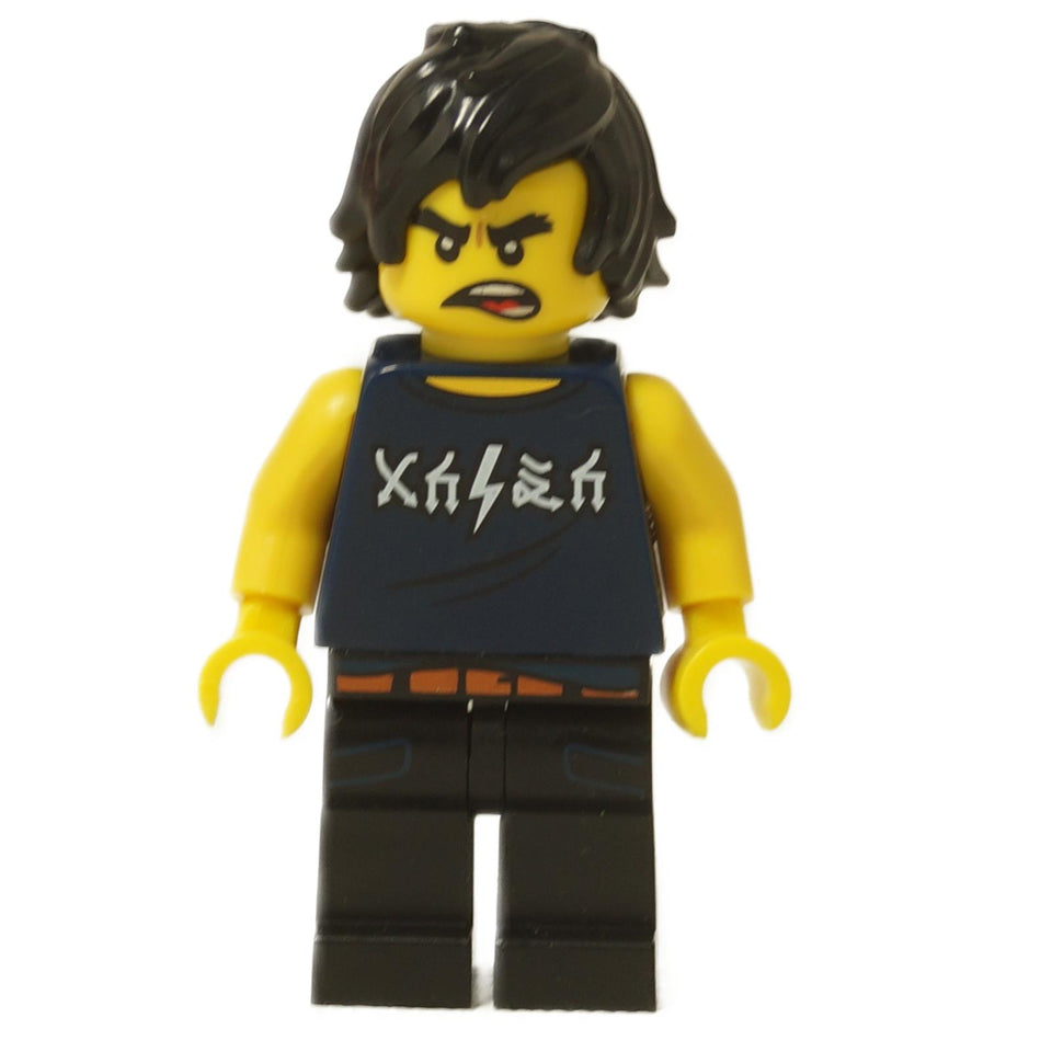 LEGO Cole minifigure (coltlnm08) from The LEGO Ninjago Movie in his casual dark blue sleeveless shirt with a silver graphic, black pants, and an angry expression.