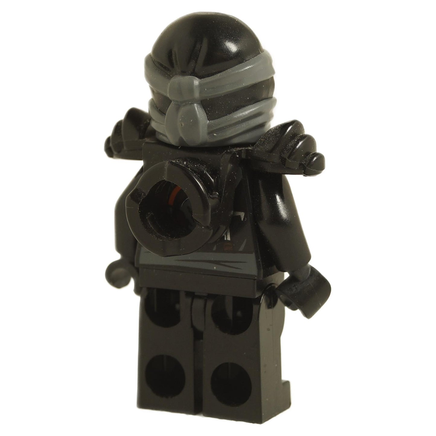 Back view of LEGO® Cole minifigure with black ninja armor, shoulder armor piece, and head wrap with knot on the back
