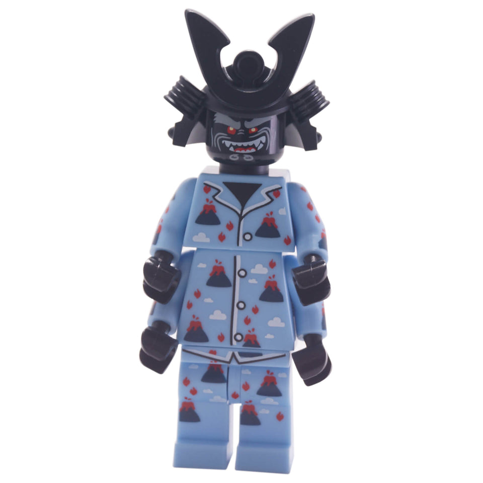 LEGO® Volcano Garmadon minifigure wearing light blue volcano-print pajamas with samurai helmet and angry expression