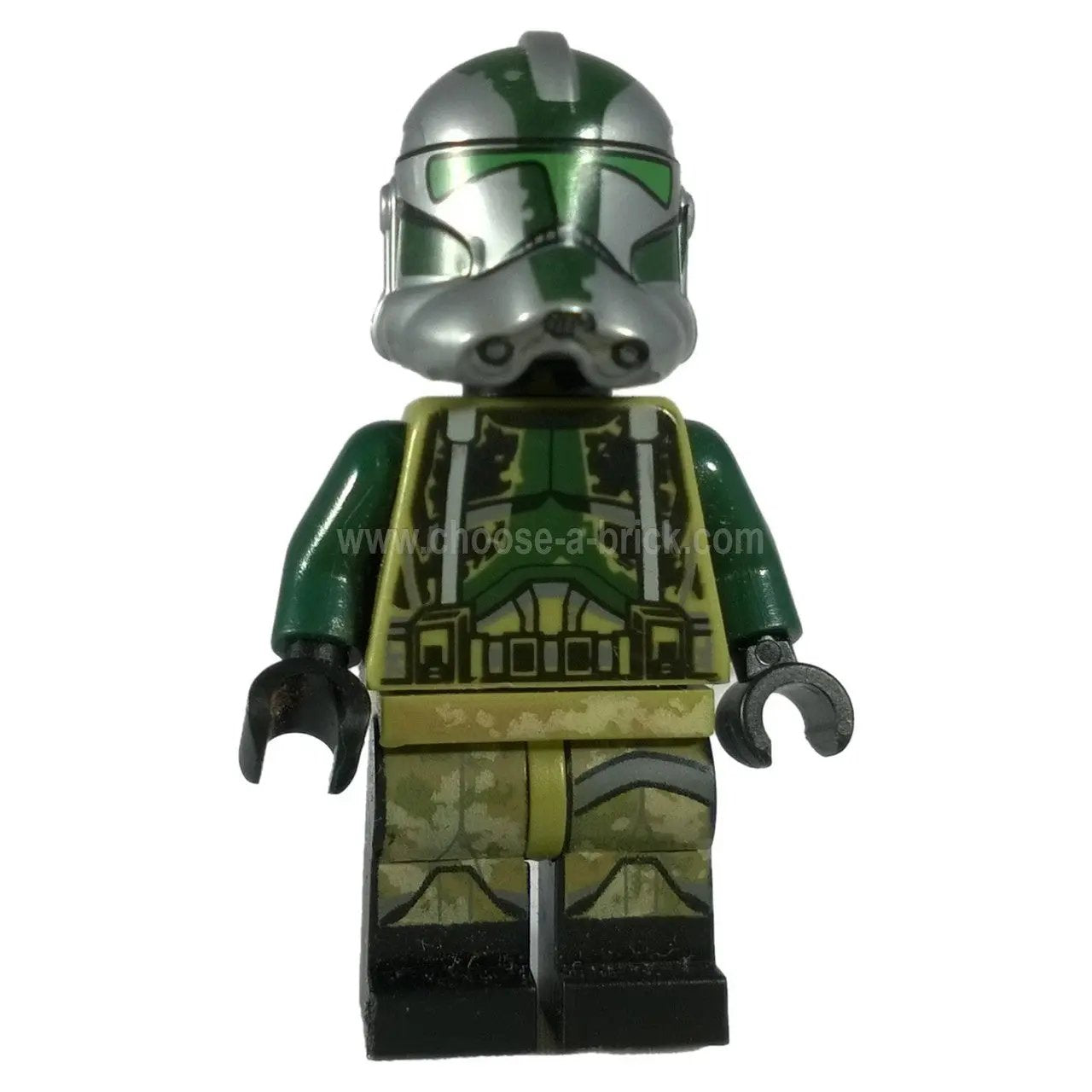 LEGO Commander Gree minifigure sw0528 – metallic silver Phase 2 helmet with dark green camouflage, yellow-green torso print, dark grey leg strap, 41st Elite Corps