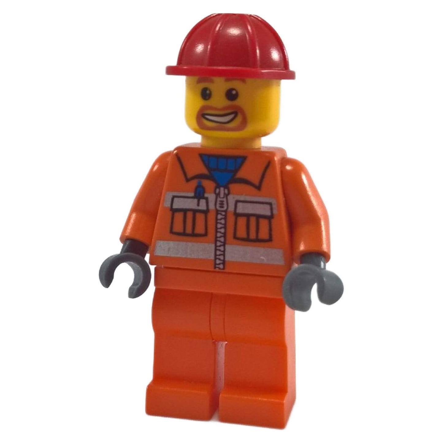 LEGO construction worker minifigure with goatee beard orange safety jacket and red helmet