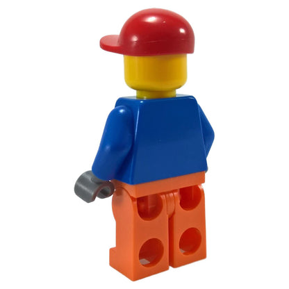LEGO construction worker minifigure back view with blue torso and orange legs