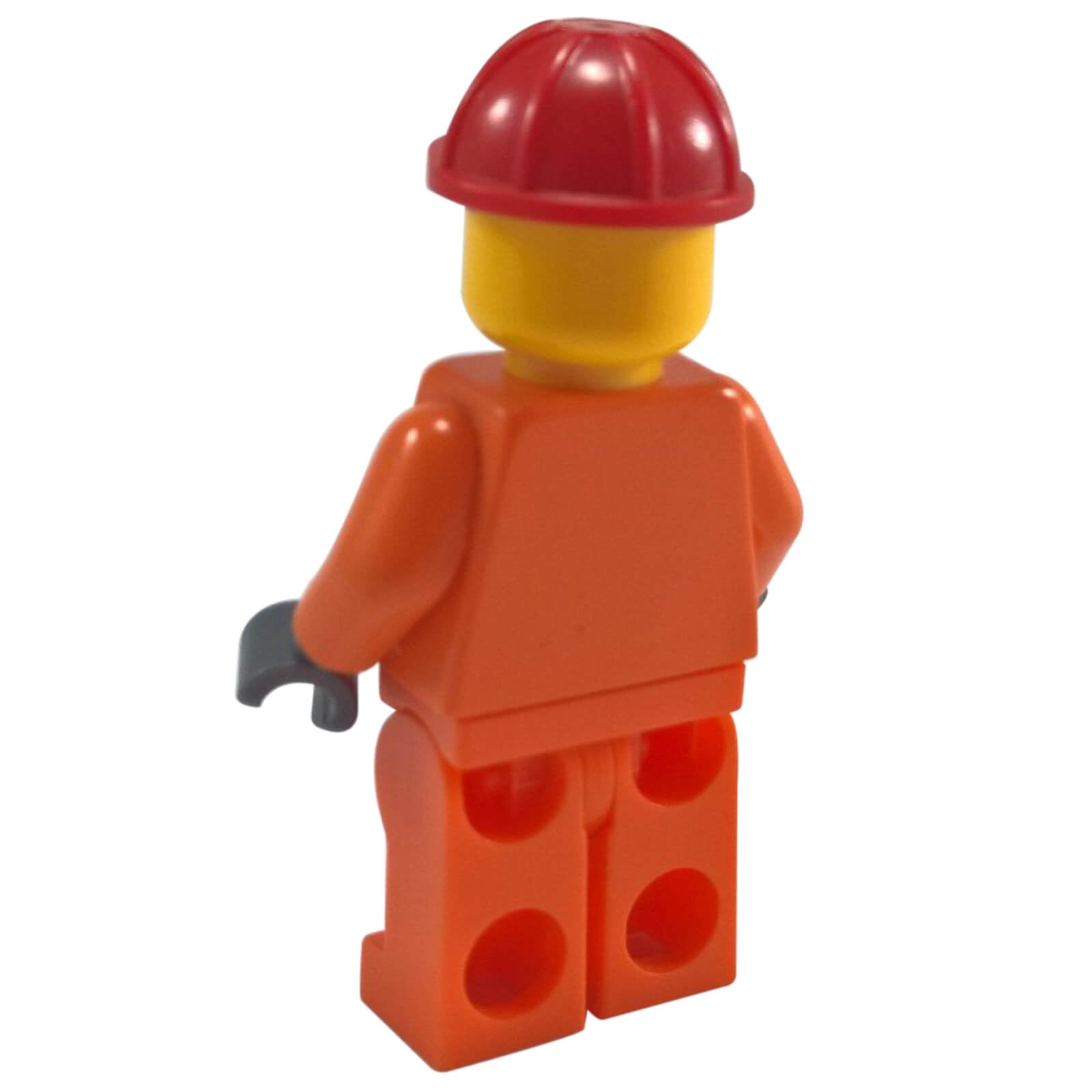 LEGO construction worker minifigure back view with red helmet and orange legs