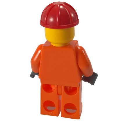 LEGO construction worker minifigure back view with red helmet and orange legs