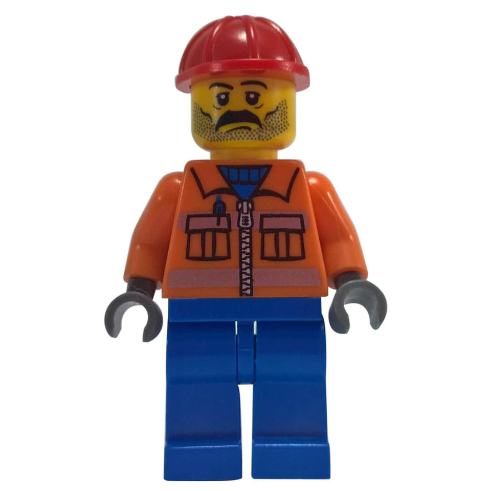 LEGO construction worker minifigure with moustache red helmet orange safety jacket and blue legs