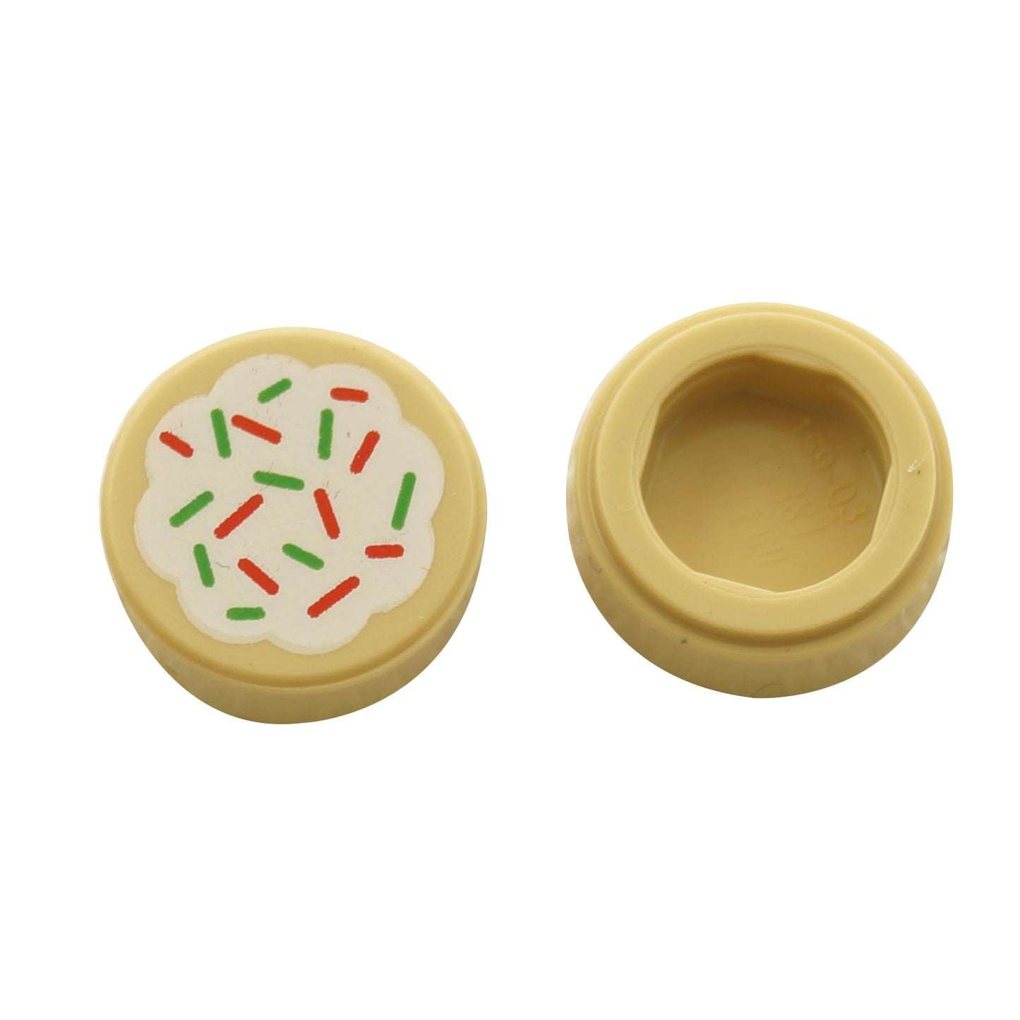 LEGO® round 1x1 cookie tile with white frosting and red green sprinkle print
