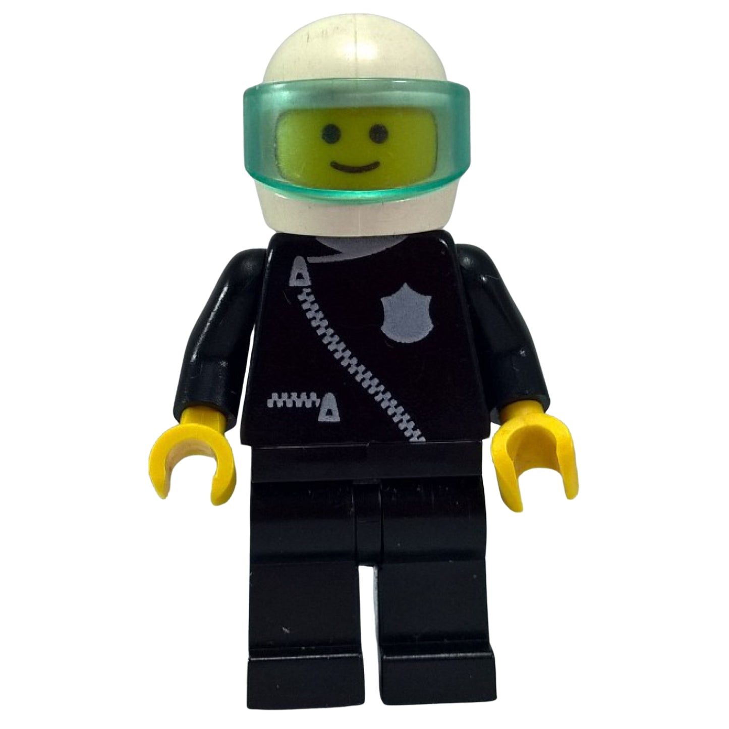 Police minifigure with zipper uniform black suit and white helmet visor
