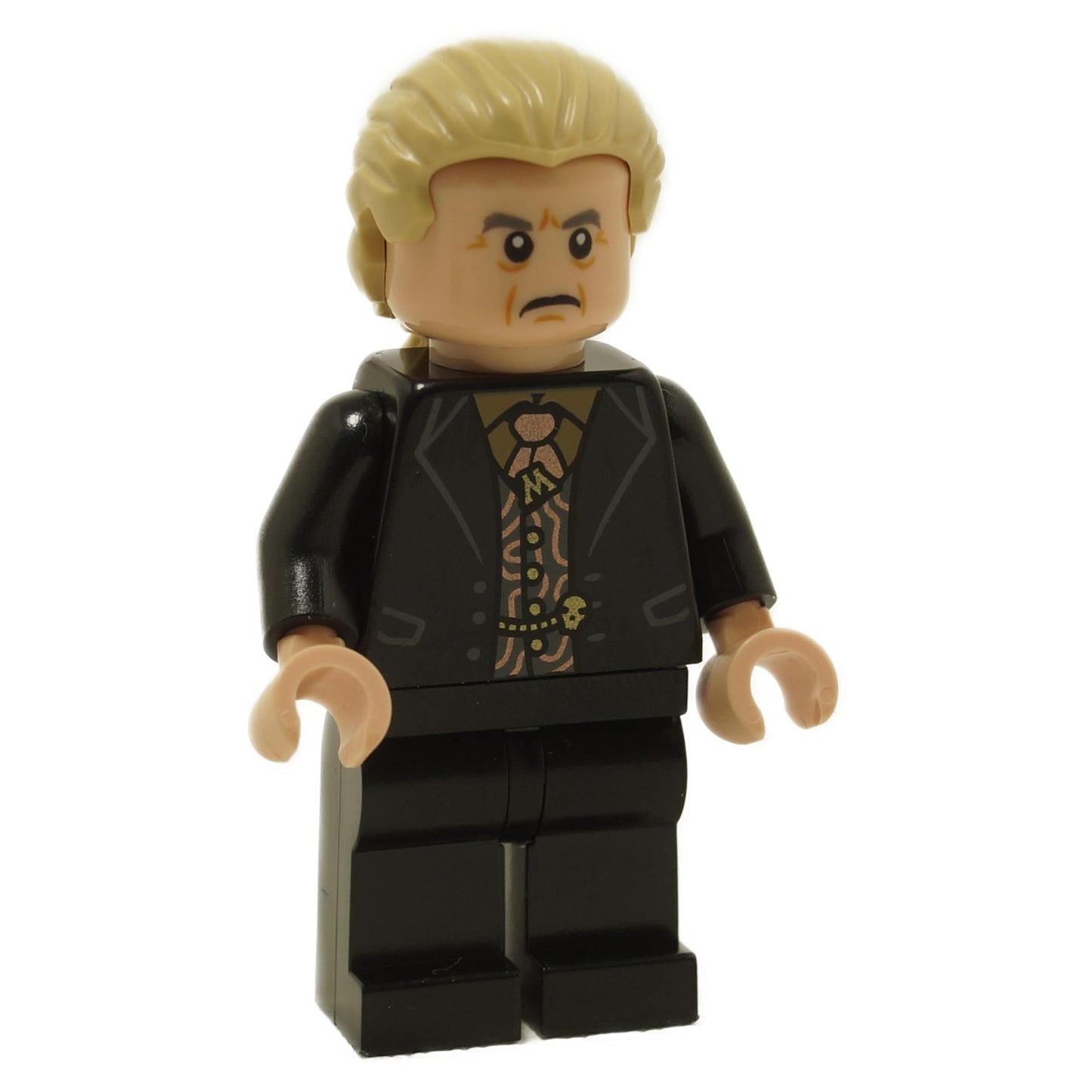 LEGO minifigure of Corban Yaxley, a Death Eater character from the Harry Potter series, wearing a black suit with skull belt design.