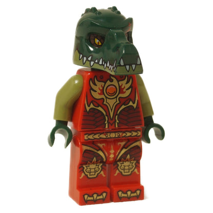 LEGO Legends of Chima Cragger - Fire Chi minifigurka (loc103) s tmavě zelenou krokodýlí helmou a detailním červeným a zlatým Fire Chi brněním.