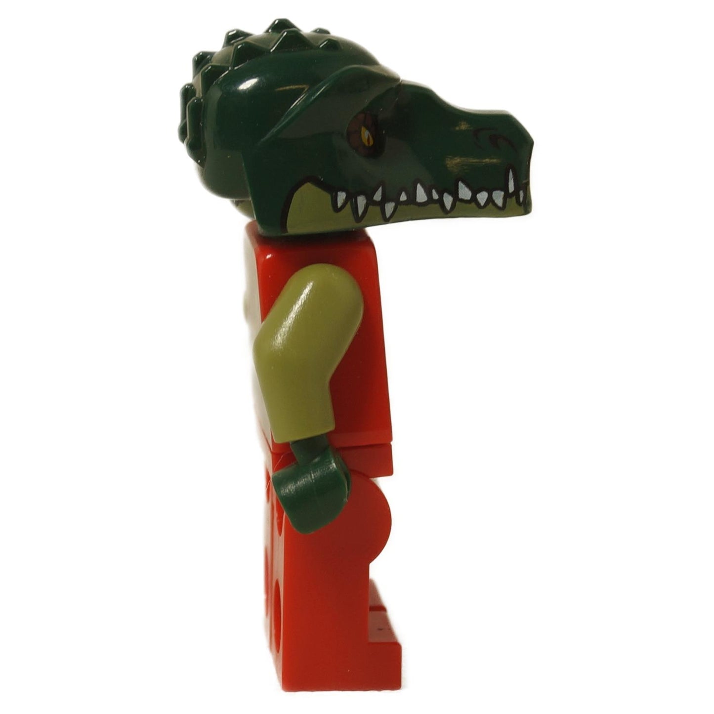 Boční pohled na LEGO® Legends of Chima Cragger Minifigurka se zelenou krokodýlí hlavou a červeným brněním.
