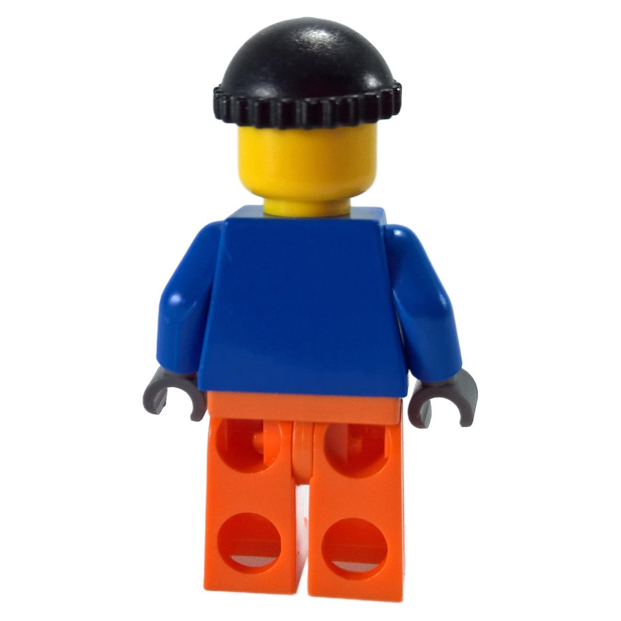 LEGO crane operator minifigure back view with blue torso and orange legs