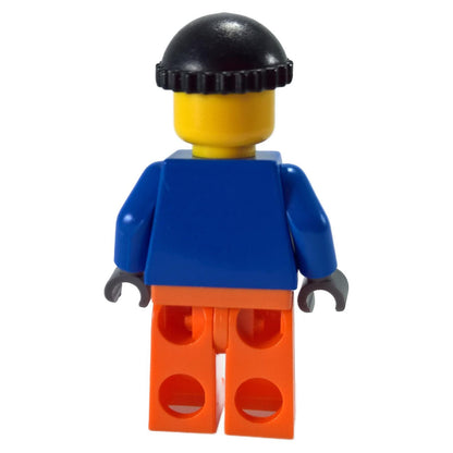 LEGO crane operator minifigure back view with blue torso and orange legs