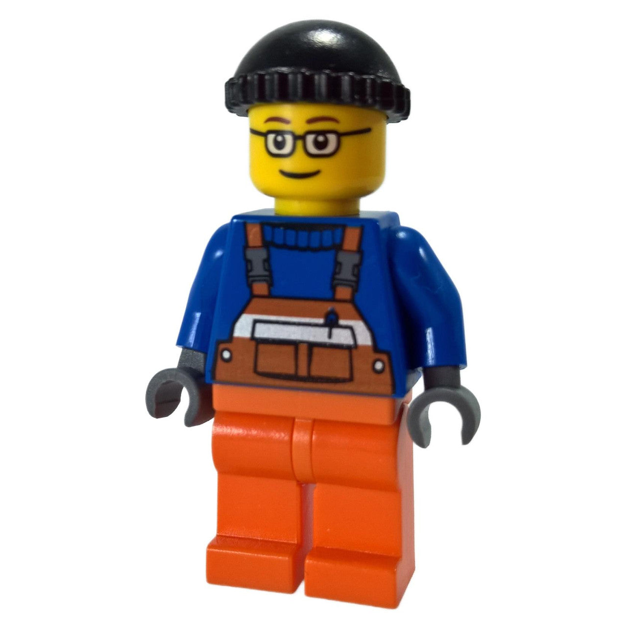 LEGO crane operator minifigure with orange overalls black knit cap and glasses front view