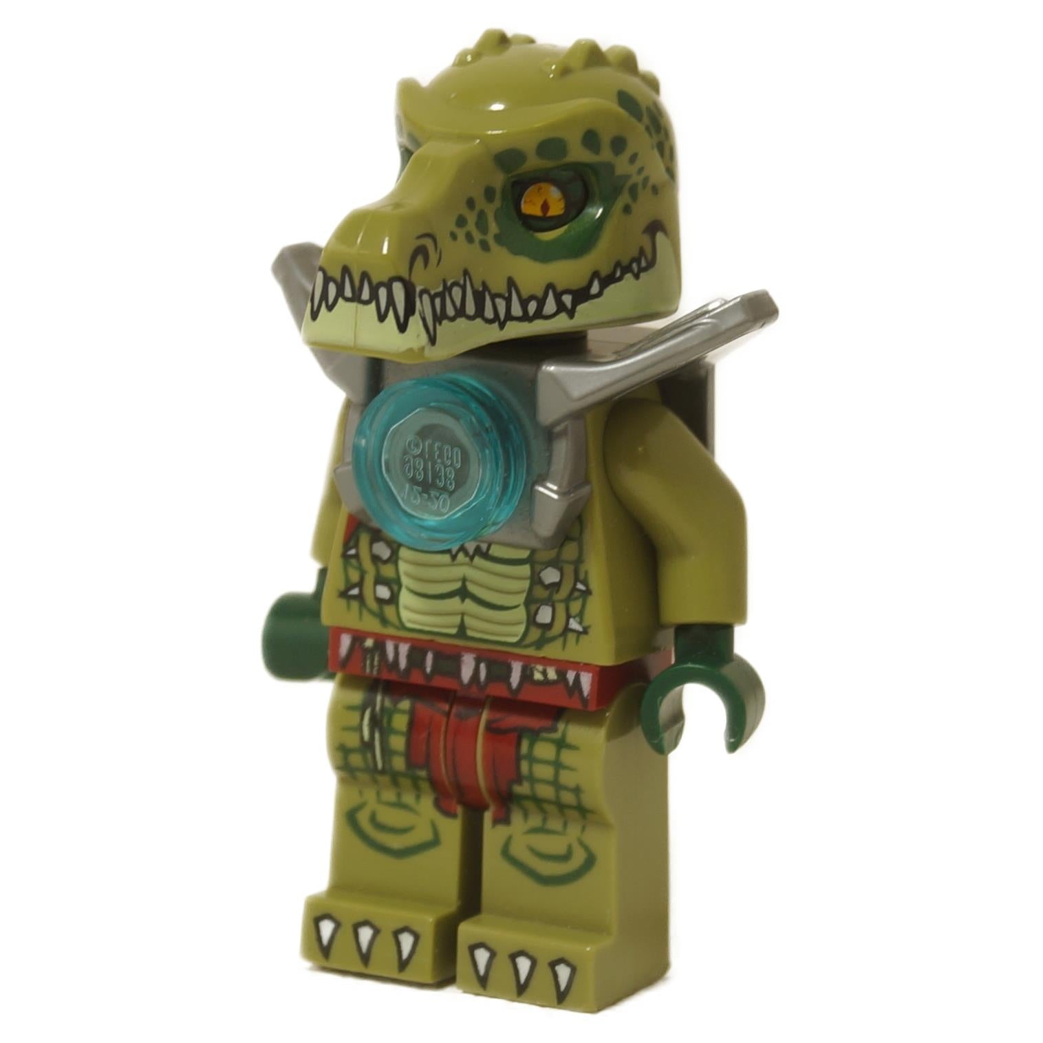Minifigure LEGO Legends of Chima Crawley (loc162) en vert olive, avec un casque de crocodile détaillé et une armure d'épaule en argent plat tenant une orbe Chi bleue translucide.
