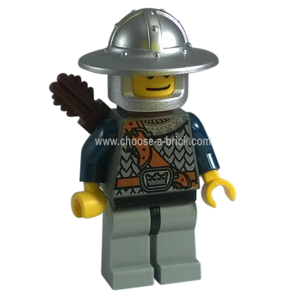 Crown Knight cas344 minifigure with silver kettle hat and brown quiver.