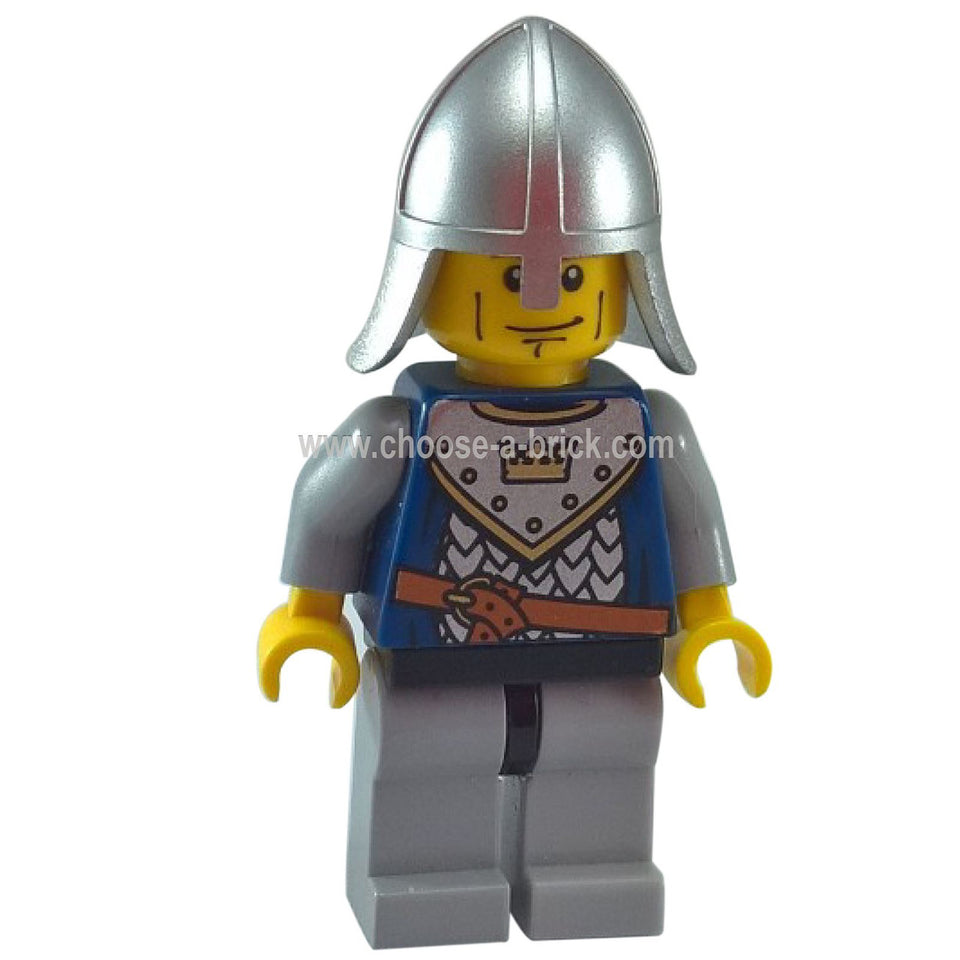 LEGO Crown Knight minifigure cas339 with silver helmet and blue armor.