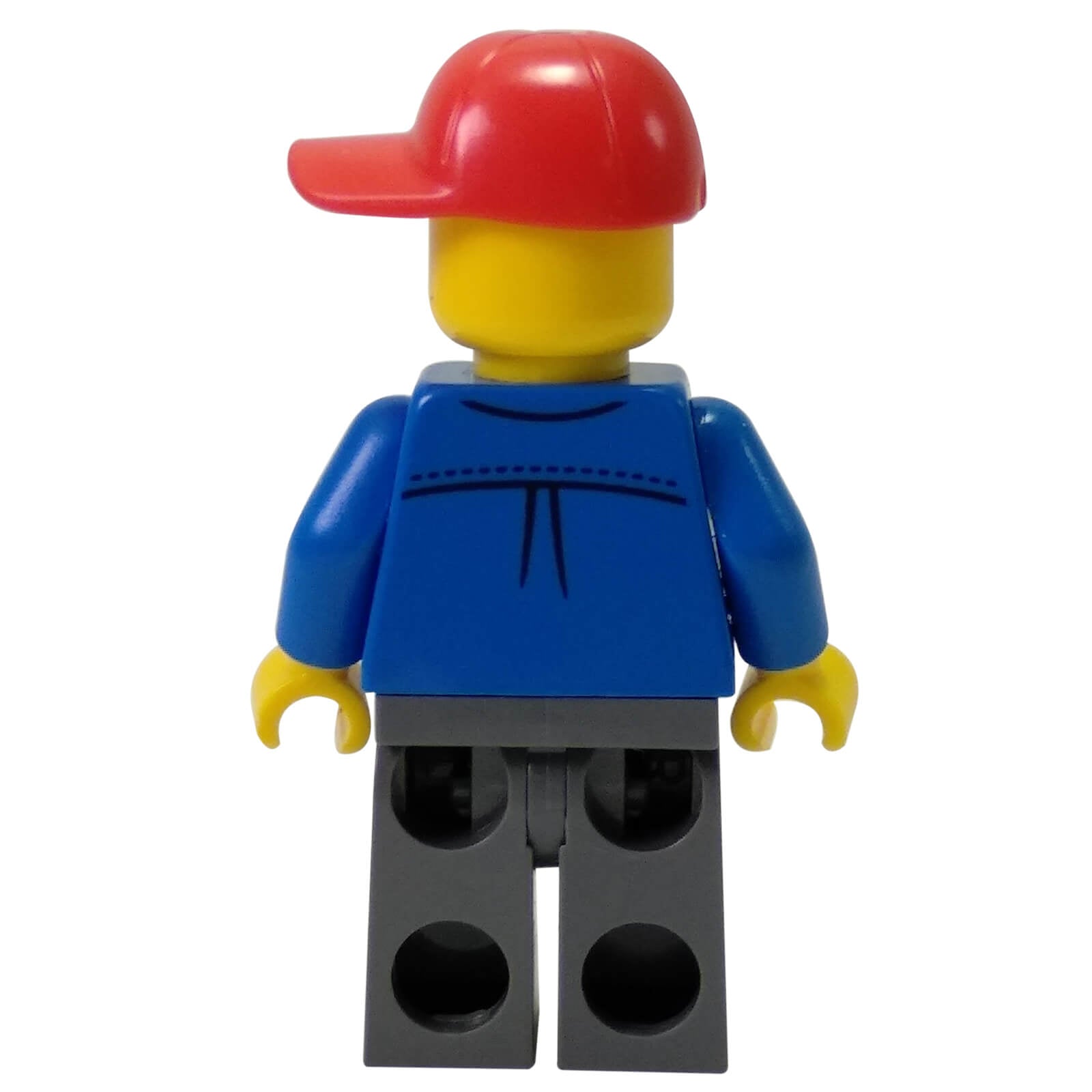 backiew of LEGO® City truck driver minifigure cty0800 with blue jacket, dark red shirt, grey legs and red cap