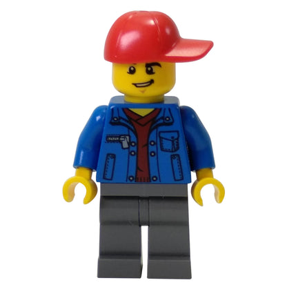 Front view of LEGO® City truck driver minifigure cty0800 with blue jacket, dark red shirt, grey legs and red cap