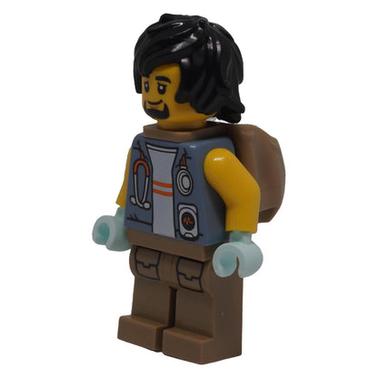 LEGO® City Jungle Explorer Medic cty1780 left side view showing black hair, medic vest and open backpack