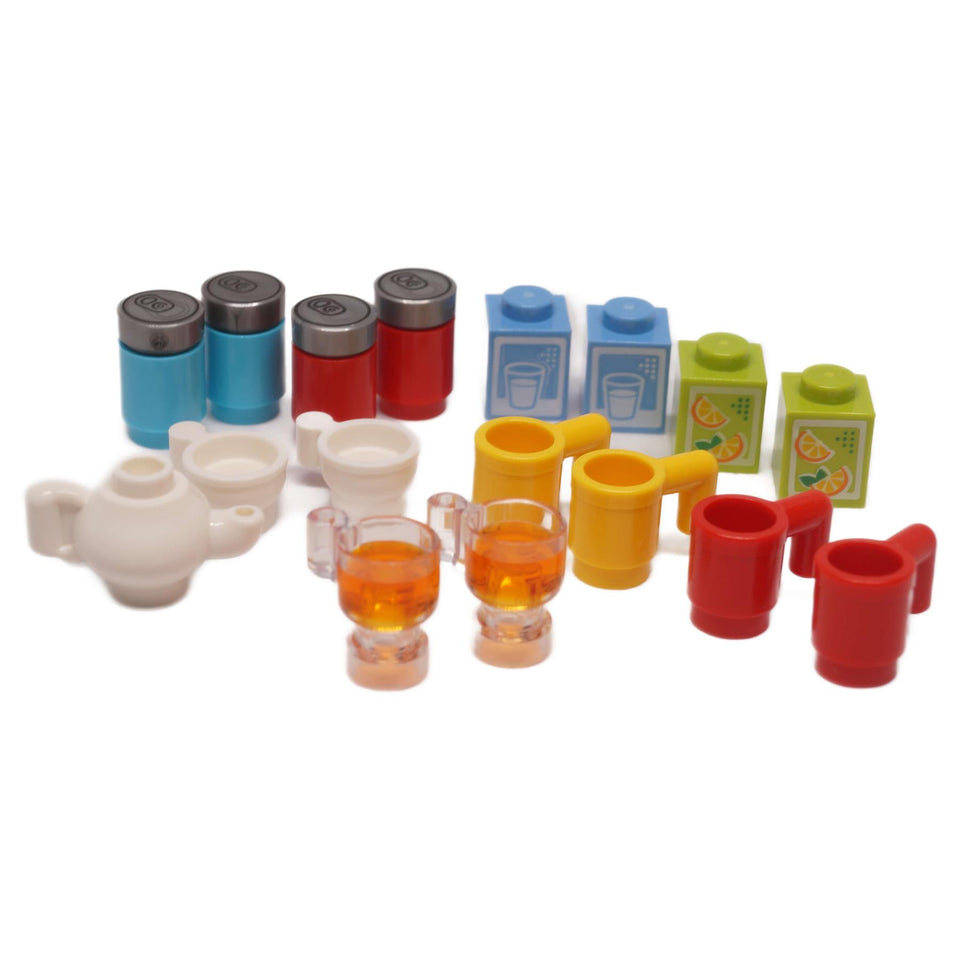 LEGO cups and drinks accessory bundle with assorted beverage pieces