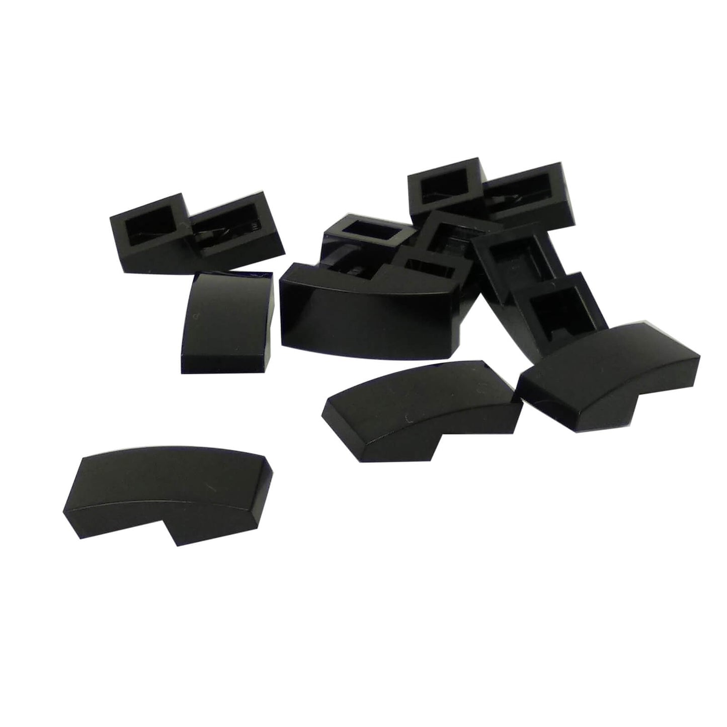 LEGO Curved Slope 2 x 1 x 2/3 part 11477 shown from top and underside black