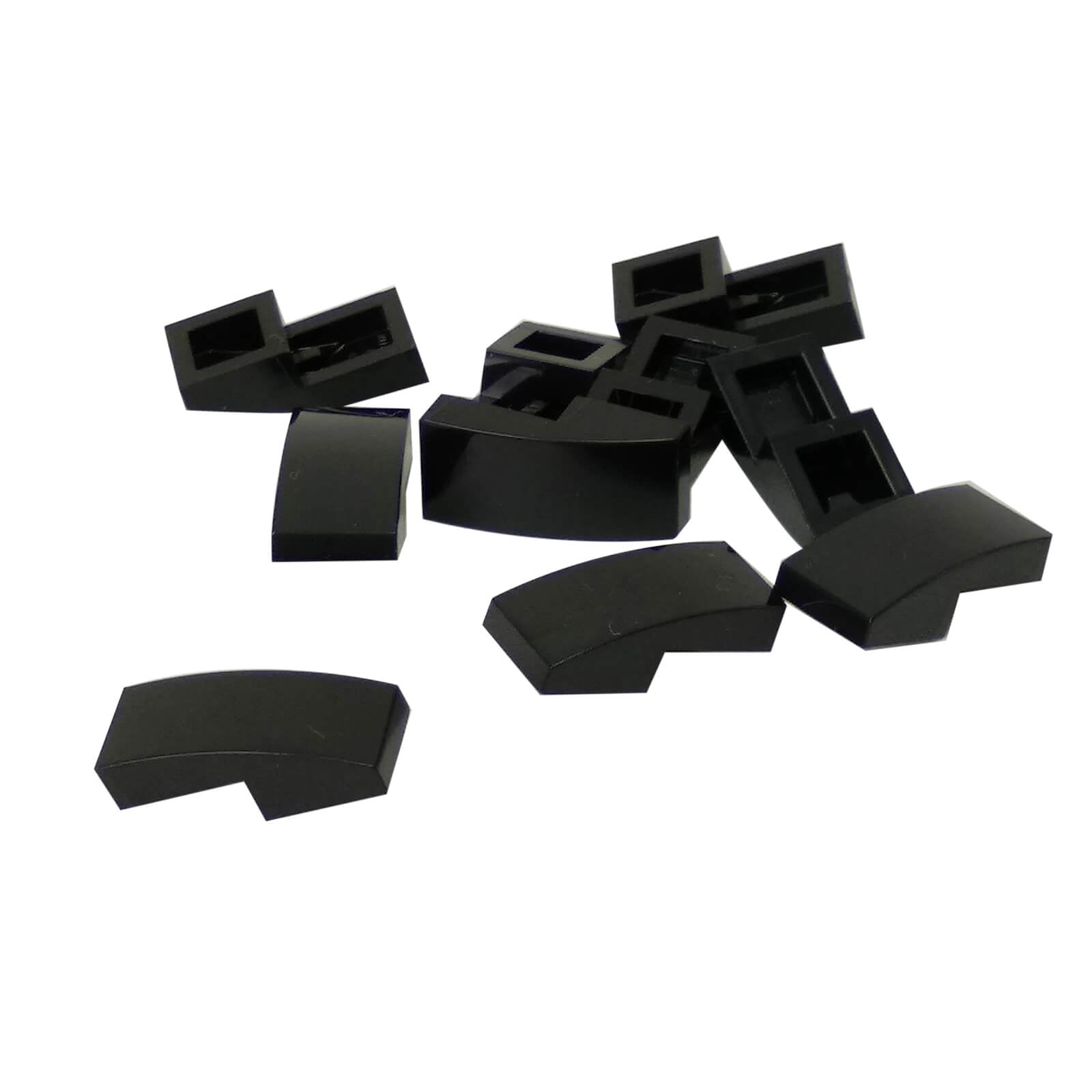 LEGO Curved Slope 2 x 1 x 2/3 part 11477 shown from top and underside black