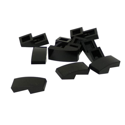 LEGO Curved Slope 2 x 1 x 2/3 part 11477 shown from top and underside black
