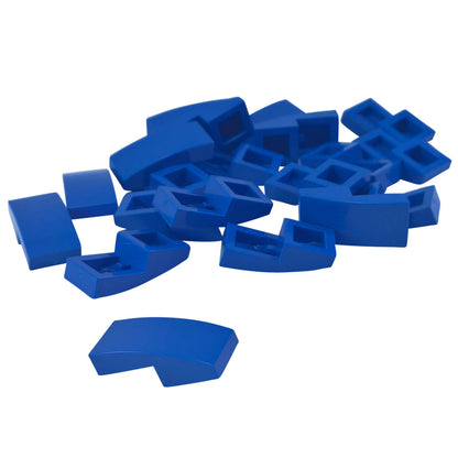 LEGO Curved Slope 2 x 1 x 2/3 part 11477 shown from top and underside blue