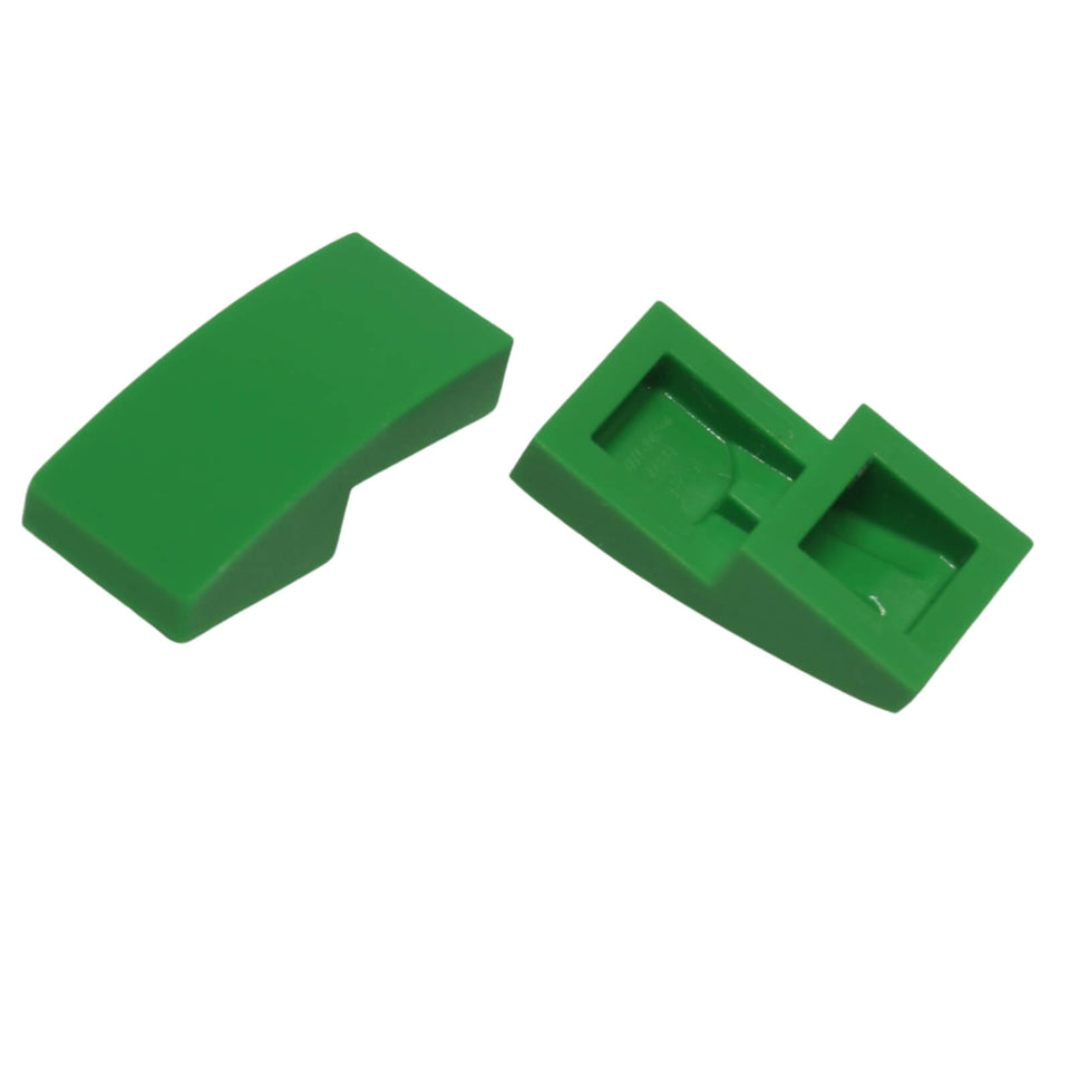 LEGO Curved Slope 2 x 1 x 2/3 part 11477 shown from top and underside bright green