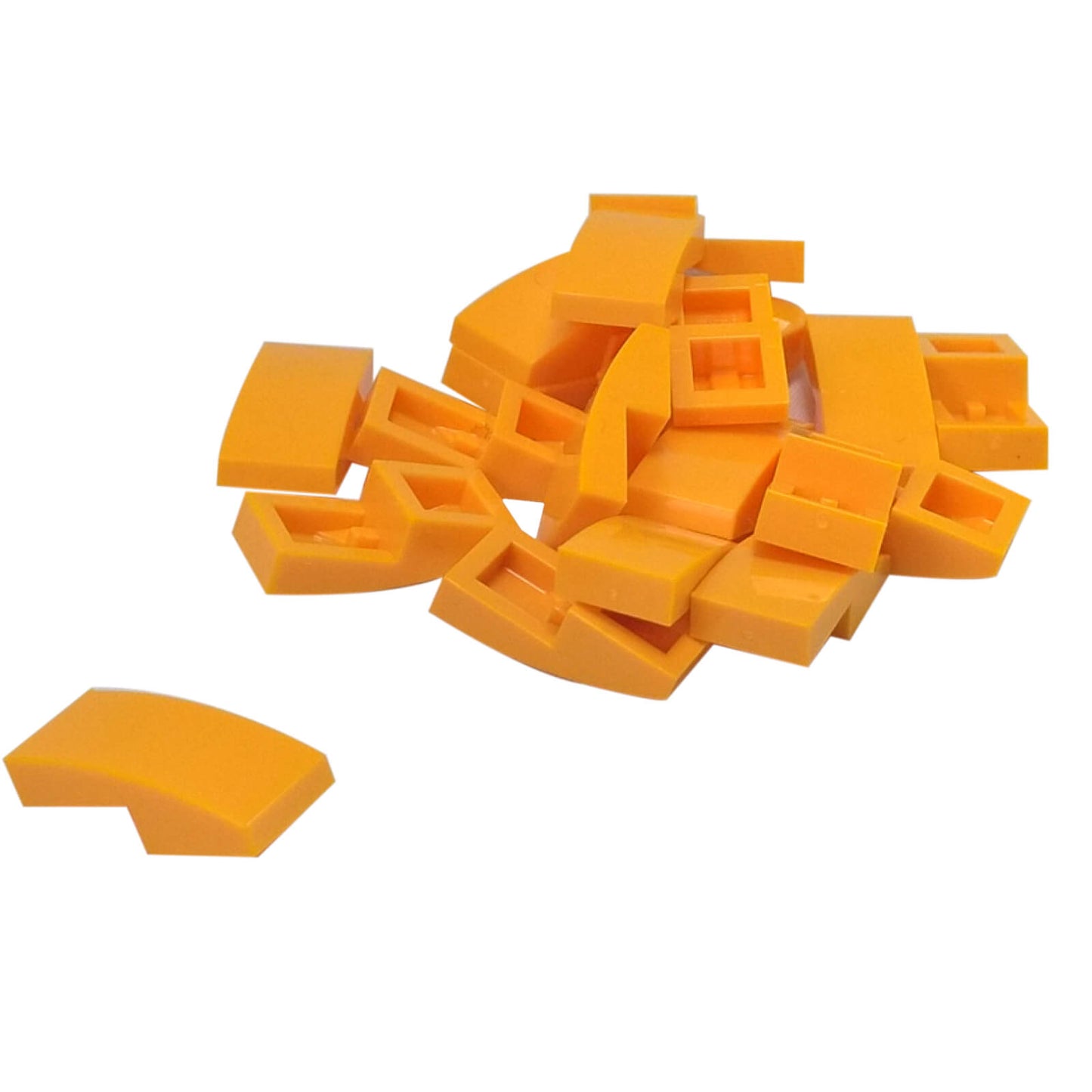 LEGO Curved Slope 2 x 1 x 2/3 part 11477 shown from top and underside bright light orange