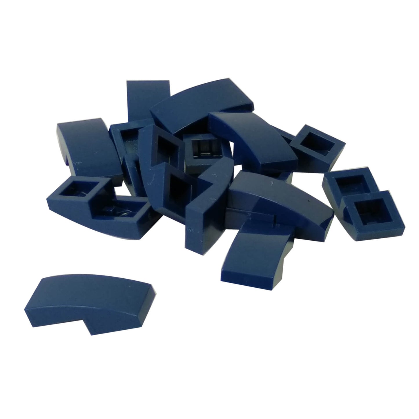 LEGO Curved Slope 2 x 1 x 2/3 part 11477 shown from top and underside dark blue