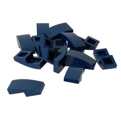 LEGO Curved Slope 2 x 1 x 2/3 part 11477 shown from top and underside dark blue