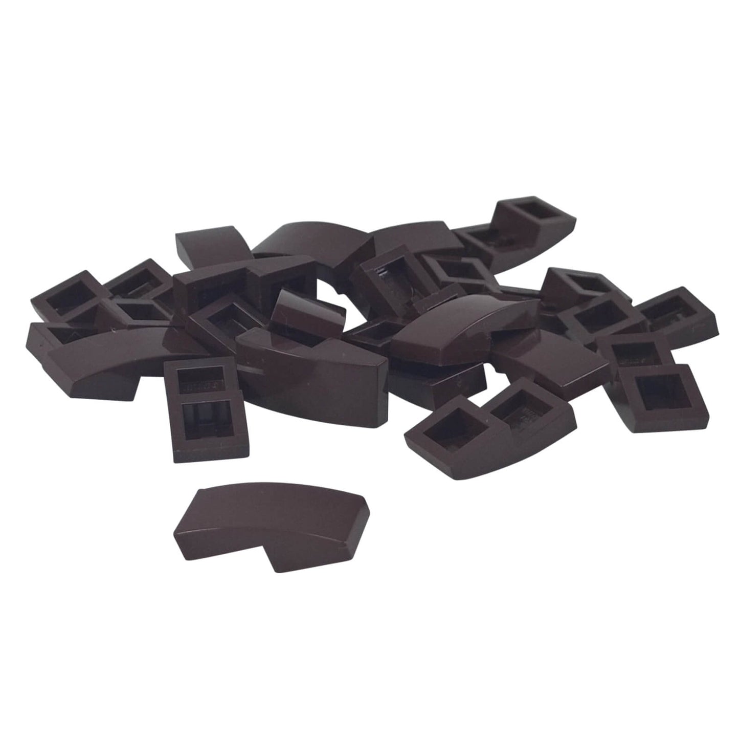 LEGO Curved Slope 2 x 1 x 2/3 part 11477 shown from top and underside dark brown