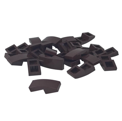 LEGO Curved Slope 2 x 1 x 2/3 part 11477 shown from top and underside dark brown
