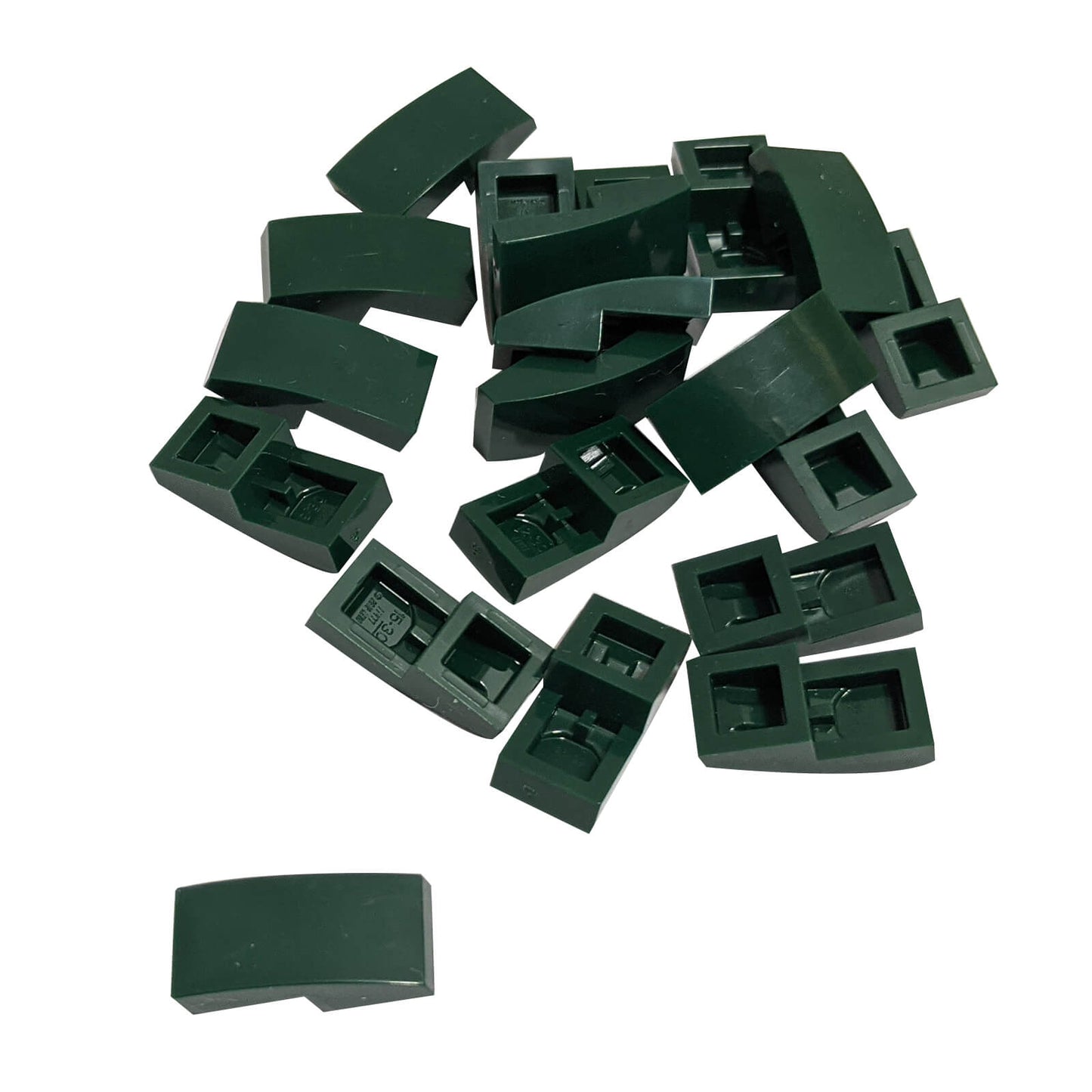 LEGO Curved Slope 2 x 1 x 2/3 part 11477 shown from top and underside dark green