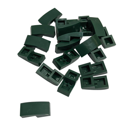 LEGO Curved Slope 2 x 1 x 2/3 part 11477 shown from top and underside dark green
